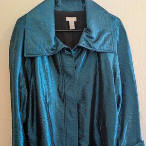 Chicos XL Lustrous Shine Sindy Blazer Jacket in Teal Blue Button Up Size 3